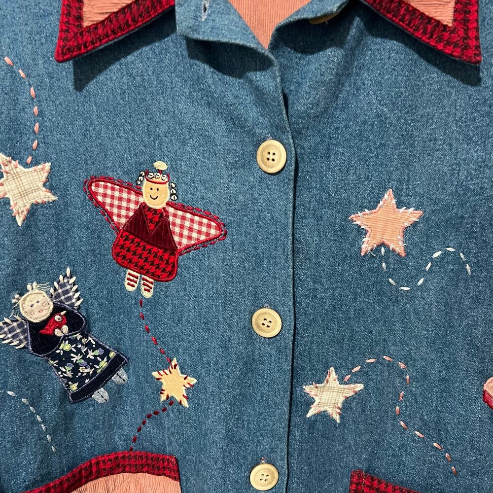 Vintage Casey Coleman Denim Embroidery Angels Lined Shacket M/L Corduroy Pockets - Picture 3 of 15
